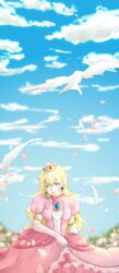  artist_request blonde_hair blue_eyes cloud clouds crown dress earrings female female gloves jewelry long_hair mario_(series) nintendo petal petals princess_peach sky smile super_mario_bros. 