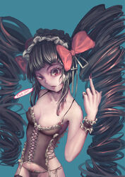  black_hair breasts celestia_ludenberck corset danganronpa drill_hair female goth gothic gothic_fashion headdress middle solo twin_drills underwear 