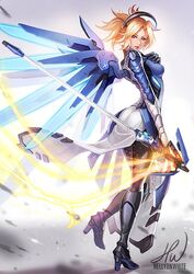  alternate_costume armor armored_boots artist_name back blonde_hair blue_eyes boots cobalt_mercy full_body gloves image_sample long_hair mechanical_halo mechanical_wings mercy_(overwatch) overwatch pantyhose paula_biedma ponytail staff teeth thighhighs twitter_sample wings 