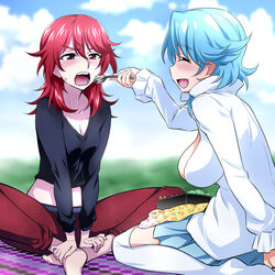  2girls barefoot blue_(happinesscharge_precure!) blue_hair blue_skirt blush breasts cleavage closed_eyes commentary_request food genderswap_(mtf) happinesscharge_precure! indian_style large_breasts midriff multiple_girls nakahira_guy open_mouth outdoors photoshop_(medium) precure red_(happinesscharge_precure!) red_eyes red_hair rule_63 short_hair sitting skirt spoon thighhighs white_legwear 