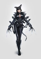  animal_ears bell bodysuit breasts cat_ears cat_tail classes claws cleavage coat collar female glasses lo_do_kyung looking_at_viewer open_zipper short_hair tail weapon 