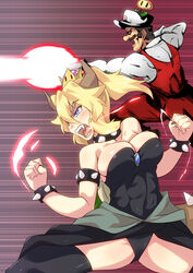  1boy abs action alternate_color bare_shoulders black_leotard black_nails black_skirt black_thighhighs blonde_hair blue_eyes blush bowsette bracelet breasts brooch brown_hair cabbie_hat cleavage clenched_hands clenched_teeth collar commentary_request cowboy_shot earrings energy energy_beam eyebrows eyelashes fangs female fighting_stance fingernails fire_flower firing from_side gloves glowing gradient_background hair_between_eyes hand_on_own_hip hand_up hat highres horns jewelry layered_clothes leotard light_trail long_sleeves looking_afar mario mario_(series) medium_breasts muscular nail_polish new_super_mario_bros._u_deluxe no_pupils outline overalls ponytail profile red_background red_overalls roaring sangue_llia sharp_fingernails sharp_teeth shiny_clothes shiny_skin shirt short_hair sidelocks skindentation skirt spiked_bracelet spiked_collar spiked_shell spikes strapless strapless_leotard super_crown teeth thighhighs thighs toned tsurime white_gloves white_hat white_shirt 