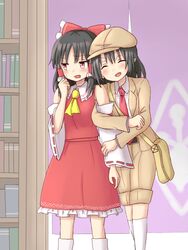  2girls arm_hug ascot bag black_hair blush bookshelf bow brown_headwear brown_jacket brown_shorts cabbie_hat closed_eyes commentary cowboy_shot curtains dadamori detached_sleeves flat_cap forbidden_scrollery hair_tubes hairbow hakurei_reimu hand_up hat indoors jacket jitome kneehighs knickers looking_to_the_side messenger_bag multiple_girls necktie open_clothes open_jacket open_mouth over-kneehighs pointy_ears red_eyes red_necktie satchel shameimaru_aya shameimaru_aya_(newsboy) short_hair shorts shoulder_bag skirt skirt_set socks standing suit_jacket thighhighs touhou white_legwear yellow_ascot 