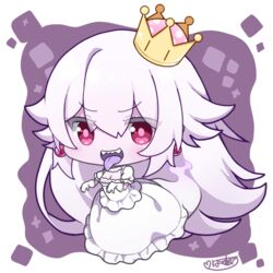  1:1 2018 alternate_species boo_(mario) boosette breasts chibi cleavage clothed clothing crown dress ear_piercing female gloves hair hakuari handwear headgear humanoid humanoidized king_boo luigi&#039;s_mansion mario_bros nintendo not_furry open_mouth piercing red_eyes sharp_teeth super_crown teeth tongue tongue_out white_hair 