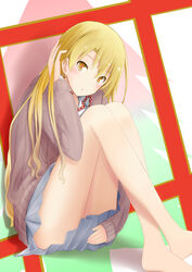  blonde_hair blush commentary_request crossed_legs female hair_between_eyes hand_in_own_hair highres knees_to_chest long_hair looking_at_viewer miura_yumiko nentsuchi sitting skirt_hold solo thighs yahari_ore_no_seishun_lovecome_wa_machigatteiru. yellow_eyes 