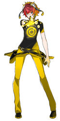  1boy aiba_takumi black_footwear black_gloves black_shirt blue_eyes digimon digimon_story:_cyber_sleuth fanny_pack full_body gloves goggles goggles_on_head male_focus official_art pants photoshop_(medium) print_gloves print_shirt red_hair shirt shoes simple_background single_glove solo white_background yasuda_suzuhito yellow_pants 