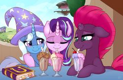  2018 beverage blue_eyes book broken_horn cherry closed_eyes clothing digital_media_(artwork) equid equine eye_scar eyelashes facial_scar female feral food friendship_is_magic fruit group hair hasbro hat headgear headwear hi_res horn mammal milkshake multicolored_hair my_little_pony my_little_pony:_the_movie my_little_pony:_the_movie_(2017) mythological_creature mythological_equine mythology outside pink_hair plant purple_eyes ratofdrawn scar smile starlight_glimmer_(mlp) tempest_shadow_(mlp) trixie_(mlp) two_tone_hair unicorn wizard_hat 