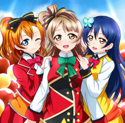  3girls :d ;) blue_eyes blue_hair bow butterfly_hair_ornament commentary_request earrings girl_sandwich grey_hair hair_between_eyes hair_ornament hairbow hand_on_another&#039;s_shoulder jewelry kosaka_honoka long_hair looking_at_viewer love_live! love_live!_school_idol_project love_live!_the_school_idol_movie minami_kotori multiple_girls neck_ribbon one_eye_closed one_side_up open_mouth orange_hair ribbon sandwiched smile sonoda_umi sunny_day_song upper_body wewe 