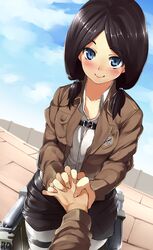  bad_id bad_pixiv_id black_hair blue_eyes blush emblem female highres holding_hands interlocked_fingers jacket looking_at_viewer low_twintails mina_carolina nishimuku_meri out_of_frame paradis_military_uniform pov pov_hands shingeki_no_kyojin smile solo_focus three-dimensional_maneuver_gear training_corps_(emblem) twintails uniform 