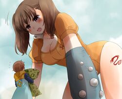  1boy :d all_fours blush breasts brown_hair cleavage cloud commentary_request day diane_(nanatsu_no_taizai) female flying_sweatdrops giant giantess gloves happy jacket king_(nanatsu_no_taizai) large_breasts leotard long_hair mita_(matsuri68) nanatsu_no_taizai open_mouth orange_leotard pillow puffy_sleeves purple_eyes single_glove sky smile tattoo 