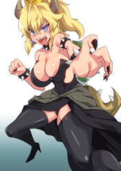  abs aiming aiming_at_viewer aqua_background bare_shoulders black_footwear black_leotard black_nails black_skirt black_thighhighs blonde_hair blue_eyes blush bowsette bracelet breasts brooch cleavage clenched_hand collar commentary earrings eyebrows eyelashes female fingernails foreshortening gradient_background hair_between_eyes high_heels highres horns jewelry large_breasts leotard long_skirt looking_at_viewer mario_(series) nail_polish new_super_mario_bros._u_deluxe open_clothes open_skirt outline ponytail reaching sangue_llia sharp_fingernails sharp_teeth shiny_clothes shiny_skin short_hair sidelocks skirt slit_pupils solo spiked_bracelet spiked_collar spiked_shell spiked_tail spikes stance strapless strapless_leotard super_crown tail teeth thighhighs thighs toned tongue tongue_out tsurime white_background 