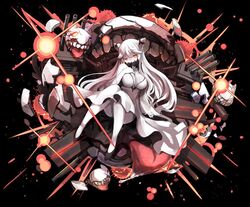  black_background breasts cleavage dress female horns kantai_collection large_breasts long_hair midway_hime nanashina orange_eyes shinkaisei-kan simple_background solo turret very_long_hair white_dress white_hair white_skin 