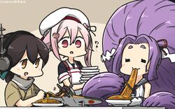  +++ 3girls :d absurdly_long_hair aircraft airplane apron black_serafuku brown_eyes brown_hair chopsticks commentary_request dated eating food gloves hair_between_eyes hamu_koutarou harusame_(kancolle) hat hatsuharu_(kancolle) hatsuharu_kai_ni_(kancolle) headphones highres holding holding_chopsticks japanese_clothes kantai_collection kasuga_maru_(kancolle) long_hair multiple_girls open_mouth pink_hair prehensile_hair purple_hair red_eyes sailor_hat school_uniform serafuku short_hair short_sleeves sleeveless smile taiyou_(kancolle) taiyou_kai_ni_(kancolle) translated very_long_hair white_apron white_gloves white_hat 