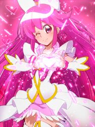  4-fingers_heart_hands aino_megumi arm_warmers bow commentary_request cure_lovely female forever_lovely hairbow happinesscharge_precure! heart heart_hands heart_in_heart_hands long_hair magical_girl one_eye_closed pink_background pink_bow pink_eyes pink_hair pink_theme precure skirt smile solo sparkle thighhighs tj-type1 