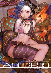  arm_tattoo bare_shoulders blue_hair braid breasts bullet_tattoo canking chinese_commentary cleavage cloud_tattoo commentary_request crop_top cushion denim denim_shorts female fishnet_legwear fishnets flat_chest gnar_(league_of_legends) jinx_(league_of_legends) league_of_legends long_hair looking_at_viewer midriff photoshop_(medium) pink_eyes shorts single_thighhigh sitting tattoo thighhighs thighs twin_braids very_long_hair 