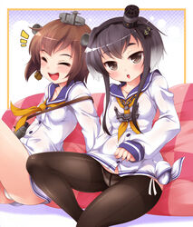  2girls ^_^ anchor black_hair black_pantyhose blush brown_eyes brown_hair closed_eyes commentary_request crotch_seam hat headgear kantai_collection kougasha mini_hat multiple_girls open_mouth panties panties_under_pantyhose pantyhose school_uniform serafuku short_hair short_hair_with_long_locks side-tie_panties tokitsukaze_(kancolle) underwear white_panties yukikaze_(kancolle) 