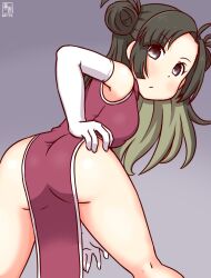  ahoge artist_logo ass black_hair blush breasts brown_dress china_dress chinese_clothes colored_inner_hair commentary_request dated double_bun dress feet_out_of_frame female from_behind gloves gradient_background green_hair grey_background hair_bun kanon_(kurogane_knights) kantai_collection leaning_forward long_hair looking_at_viewer looking_back makinami_(kancolle) multicolored_hair no_panties one-hour_drawing_challenge pelvic_curtain solo standing thighs white_gloves 