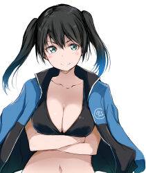  arms_under_breasts bikini black_bikini black_hair blue_jacket blush breasts cleavage closed_mouth collarbone commentary_request crossed_arms female gengoroh green_eyes hair_between_eyes highres jacket jacket_on_shoulders looking_at_viewer love_live! love_live!_nijigasaki_high_school_idol_club medium_breasts medium_hair midriff navel sidelocks smile solo swimsuit takasaki_yu twintails upper_body v-shaped_eyebrows white_background 