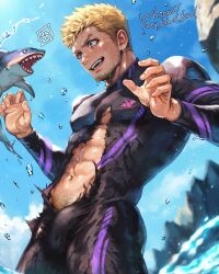  00rux 1boy abs bara black_bodysuit blonde_hair bodysuit covered_nipples diving_suit facial_hair final_fantasy final_fantasy_vii final_fantasy_vii_ever_crisis glenn_lodbrok highres large_pectorals male_focus muscular muscular_male navel open_mouth pectorals purple_bodysuit shark short_hair solo torn_bodysuit torn_clothes two-tone_bodysuit wetsuit 