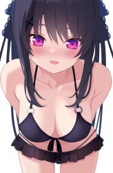  :d absurdres ao_no_kanata_no_four_rhythm arms_behind_back bare_shoulders bikini black_bikini black_hair blue_ribbon blurry blush breasts cleavage collarbone commentary_request cowboy_shot depth_of_field eyebrows_hidden_by_hair female frilled_bikini frills front-tie_bikini_top front-tie_top hair_between_eyes hair_ornament hair_ribbon halterneck hanging_breasts highres large_breasts leaning_forward long_hair looking_at_viewer o-ring o-ring_bikini o-ring_top open_mouth pororo_(r_pororo) purple_eyes ribbon sidelocks simple_background smile solo swimsuit tobisawa_misaki white_background x_hair_ornament 