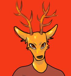  2021 anthro antlers beastars black_nose brown_antlers brown_clothing brown_shirt brown_topwear bust_portrait clothing colored deer digital_drawing_(artwork) digital_media_(artwork) ear_tuft flockdog front_view fur horn looking_at_viewer louis_(beastars) male mammal orange_background orange_eyes portrait shaded shirt simple_background simple_shading solo thin_eyebrows topwear tuft yellow_body yellow_fur 