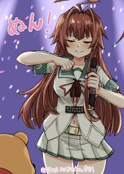  absurdres ahoge aqua_sailor_collar belt black_bra black_sailor_collar blush bra breasts brown_hair dancing female green_sailor_collar highres huge_ahoge kantai_collection kitahama_(siroimakeinu831) kuma_(kancolle) kuma_kai_ni_(kancolle) long_hair medium_breasts parody pleated_skirt pooh red_ribbon ribbon sailor_collar sailor_shirt school_uniform serafuku shirt short_sleeves skirt twitter_username underwear white_belt white_shirt white_skirt winnie_the_pooh 