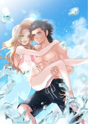  1boy abs aerith_gainsborough aerith_gainsborough_(sunny_robe) arms_around_neck ass bare_legs bare_shoulders beach bikini black_hair black_shorts blue_eyes blue_sky brown_hair carrying cloud cloudy_sky commentary_request couple feet_out_of_frame female final_fantasy final_fantasy_vii final_fantasy_vii_ever_crisis green_eyes hair_slicked_back hat long_hair looking_at_viewer male_swimwear mdk_ooo ocean official_alternate_costume open_mouth outdoors parted_bangs parted_lips pink_bikini princess_carry scar scar_on_cheek scar_on_face shorts sky smile spiked_hair standing straw_hat swim_trunks swimsuit toned toned_male topless_male water zack_fair zack_fair_(tropical_beach) 