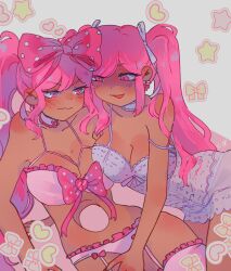  2girls absurdres blush bow bra breasts cleavage closed_mouth collarbone dark-skinned_female dark_skin garter_straps hairbow highres kokomi_(aniesuakkaman) large_breasts looking_at_another multiple_girls omori open_mouth pink_bow pink_bra pink_eyes pink_hair polka_dot polka_dot_bow smile sweetheart_(omori) thighhighs underwear yuri 