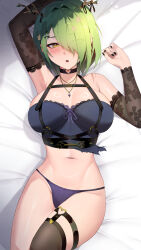  arm_up bed_sheet black_choker black_nails black_sleeves black_thighhighs breasts ceres_fauna ceres_fauna_(goth) choker crop_top cross-laced_clothes cross-laced_sleeves detached_sleeves english_commentary female fingernails flower goth_fashion green_hair hair_branch hair_flower hair_intakes hair_ornament hair_over_one_eye heart_o-ring highres hololive hololive_english large_breasts lessone looking_at_viewer nail_polish navel no_pants o-ring o-ring_choker o-ring_thigh_strap on_bed open_mouth panties purple_panties short_hair single_thighhigh solo stomach thigh_strap thighhighs underwear virtual_youtuber yellow_eyes 