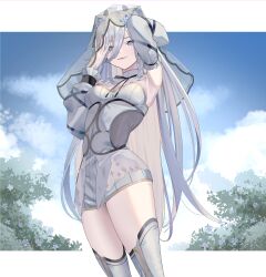  absurdres animal_ears arm_behind_head armpits ass blue_eyes blue_hair blue_sky border breasts cloud detached_sleeves dress eredhen female flower gradient_hair grey_corset grey_dress grey_hair grey_leggings grey_sleeves hair_between_eyes hair_flower hair_ornament hand_on_own_face highres hololive leggings lion_ears lion_girl long_sleeves looking_at_viewer medium_breasts multicolored_hair official_alternate_costume outside_border pleated_dress ribbed_dress shishiro_botan shishiro_botan_(5th_costume) sky sleeve_garter solo star_(symbol) star_print virtual_youtuber white_border white_veil zettai_ryouiki 