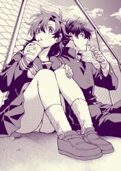  1boy artist_name borokouhek chain-link_fence commentary_request cup disposable_cup drinking_straw drinking_straw_in_mouth female fence from_below greyscale halftone hand_on_own_knee highres holding holding_cup holding_juice_box juice_box knees_to_chest kuroba_kaito looking_to_the_side magic_kaito medium_hair monochrome nakamori_aoko panties school_uniform short_hair side_part sitting skirt socks underwear 