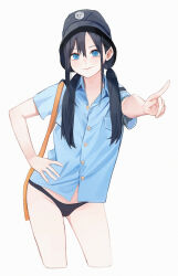  absurdres bbul_horn black_hair blue_eyes bucket_hat collared_shirt commentary cropped_legs female hand_up hat highres long_hair looking_at_viewer low_twintails original panties pointing shirt short_sleeves smile solo twintails underwear 