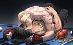  2boys arm_around_back asymmetrical_hair ball bara billiard_ball billiards black_hair black_pants blonde_hair closed_eyes couple ed_(street_fighter) edforasure elbows_on_table fingerless_gloves gloves gold_necklace gourd hair_down hand_in_another&#039;s_hair hand_on_another&#039;s_back highres jamie_siu jewelry kissing long_hair lying male_focus multiple_boys muscular muscular_male necklace on_back pants pinned red_gloves simple_background street_fighter street_fighter_6 sweat table topless_male translation_request veins veiny_arms very_long_hair yaoi 