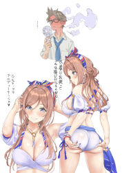  1boy adjusting_clothes adjusting_swimsuit armpit_crease armpits arms_behind_head arms_up ass back bare_shoulders bikini blue_eyes blue_nails blush bracelet breasts brown_hair cleavage closed_mouth collarbone detached_sleeves earrings electric_fan female from_behind gakuen_idolmaster glasses hair_between_eyes hair_ribbon hamedoragon hand_fan handheld_electric_fan hands_in_hair highres himesaki_rinami holding holding_fan hot idolmaster jewelry kimi_to_semi_blue_(idolmaster) large_breasts long_hair looking_at_viewer multicolored_nails nail_polish necklace open_mouth producer_(idolmaster) puffy_short_sleeves puffy_sleeves red_nails ribbon shiny_skin short_sleeves simple_background smile standing sweat swimsuit translation_request white_background 