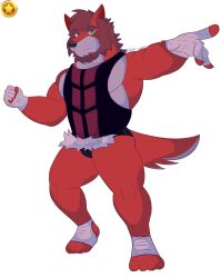  2024 absurd_res anthro bandage barazoku beard canid canine canis cel_shading clothed clothing facial_hair fur hi_res kbh_kazuhisa kemoteto_yakuza_project looking_at_viewer male mammal muscular muscular_anthro muscular_male pecs red_body red_fur reddy_(kbh_yeen) shaded solo wolf 