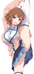  ahoge black_overskirt blue_ribbon blue_skirt blush breasts brown_hair cardigan female flexible gakuen_idolmaster hair_bun hanami_ume hatsuboshi_gakuen_school_uniform highres holding_leg idolmaster large_breasts leg_hold leg_lift leg_up long_sleeves looking_at_viewer neck_ribbon oomura_karasu open_mouth panties pantyshot pink_cardigan ribbon school_uniform shirt simple_background single_side_bun skirt smile solo split standing standing_on_one_leg standing_split thighhighs underwear white_background white_panties white_shirt white_thighhighs 