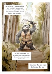  2024 anthro axe badger biped black_body black_nose clothed clothing detailed_background english_text hi_res humanoid_hands male mammal mustelid musteline orlando_the_axe outside rayfkm redwall solo text white_body 