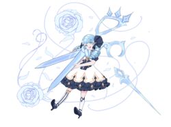  asymmetrical_legwear black_footwear blue_eyes blue_flower blue_hair blue_rose dress drill_hair female flower frilled_dress frills gwen_(league_of_legends) high_heels holding holding_scissors ine_(ineinnen) league_of_legends light_blue_hair long_hair mismatched_legwear needle open_mouth oversized_object puffy_sleeves rose scissors smile solo striped_clothes striped_thighhighs teeth thighhighs thread twin_drills twintails upper_teeth_only vertical-striped_clothes vertical-striped_thighhighs white_background white_dress 