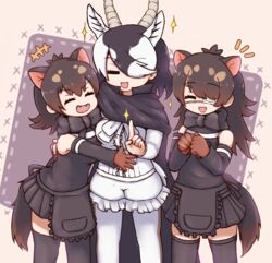  3girls :d =_= ^_^ animal_ears aticotta australian_devil_(kemono_friends) bad_id bad_pixiv_id bare_shoulders batten_japari_dan blackbuck_(kemono_friends) bow bowtie closed_eyes commentary_request elbow_gloves eyepatch fangs gloves gradient_hair highres horns kemono_friends kemono_friends_3 long_hair multicolored_hair multiple_girls open_mouth pantyhose short_hair smile sparkle tasmanian_devil_(kemono_friends) tasmanian_devil_ears tasmanian_devil_tail thighhighs 