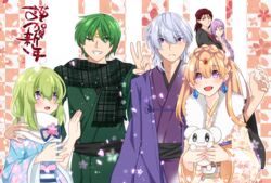  3boys 3girls :d animal astol_(tear_ring_saga) b_b_suke blonde_hair blush checkered earrings floral_background floral_print green_eyes green_hair grey_hair grin headband highres holding holding_animal japanese_clothes jewelry kimono mouse_(animal) multiple_boys multiple_girls one_eye_closed open_mouth purple_eyes purple_hair red_eyes red_hair scarf shizeru_(tear_ring_saga) smile v vestaria_saga yukata zaid_(tear_ring_saga) 