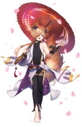  1boy animal_ears backless_outfit barefoot blonde_hair brown_eyes collar commentary erune fox_boy fox_ears fox_tail g1_(jjw00123) gloves granblue_fantasy hair_ornament hair_over_one_eye highres holding holding_umbrella kou_(granblue_fantasy) large_tail long_hair low_ponytail male_focus off_shoulder open_mouth solo tail toenails umbrella 