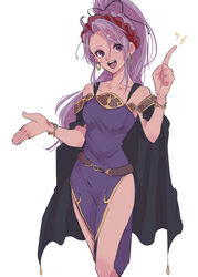  belt cape chikefu dress earrings female fire_emblem fire_emblem:_genealogy_of_the_holy_war hair_ornament hair_ribbon hairband highres hoop_earrings jewelry long_hair open_mouth ponytail purple_dress purple_eyes purple_hair ribbon simple_background smile tailtiu_(fire_emblem) thighs white_background 