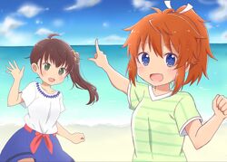  2girls ahoge blue_eyes blue_skirt blue_sky breasts brown_hair cloud collarbone commentary_request day green_eyes green_shirt hair_between_eyes hair_ornament hair_ribbon hair_scrunchie highres horizon koshigaya_natsumi long_hair multiple_girls niizato_aoi non_non_biyori ocean outdoors outstretched_arm pointing ponytail ribbon scrunchie shika_(s1ka) shirt short_sleeves side_ponytail sidelocks skirt sky small_breasts striped_clothes striped_shirt water white_ribbon white_shirt yellow_scrunchie 