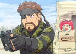  1boy bandana beard big_boss big_boss_(cosplay) box brown_hair cardboard_box commentary_request cosplay crossover eyepatch facial_hair female gloves gun handgun headband holding holding_gun holding_weapon hoshina_hikaru hoshina_youichi in_box in_container metal_gear_(series) metal_gear_solid_3:_snake_eater moustache ootsuka_akio precure star-shaped_pupils star_(symbol) star_twinkle_precure symbol-shaped_pupils ueyama_michirou voice_actor_connection weapon 