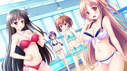  4girls :d adjusting_clothes adjusting_swimsuit bikini bikini_skirt black_hair blue_skirt blush braid braided_ponytail breasts brown_hair cleavage closed_mouth cobblestone collarbone flat_chest floating_hair game_cg hair_between_eyes halterneck highres himuro_mao indoors kagurazaka_mei ko~cha large_breasts layered_skirt light_brown_hair long_hair manazuru_kazuha miniskirt multiple_girls navel open_mouth ponytail pool purple_bikini purple_eyes purple_hair red_bikini red_eyes ribbon rindou_honoka short_hair side-tie_bikini_bottom skirt smile standing strap_gap swimsuit twin_braids underboob very_long_hair white_bikini white_ribbon wizards_complex yellow_eyes 