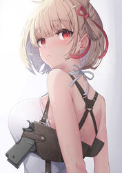  bare_shoulders blonde_hair blush breasts commentary female from_behind grey_background gun hair_ribbon handgun highres holster holstered light_brown_hair looking_at_viewer looking_back lycoris_recoil m1911 medium_breasts nishikigi_chisato parted_lips red_eyes red_ribbon ribbon shirt short_hair solo sweat tatapopo upper_body weapon white_background white_shirt 