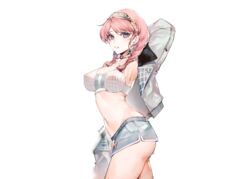  aqua_eyes arknights blue_poison_(arknights) bra braids collar erect_nipples headband hoshino_yuu_sama navel pink_hair short_hair shorts signed twintails underwear white 