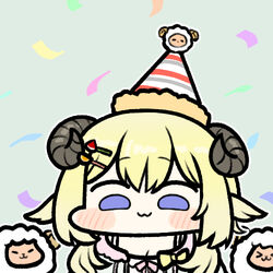  &gt;_&lt; :3 animal_ears blonde_hair breasts chibi cleavage closed_eyes closed_mouth commentary_request confetti curled_horns female hair_between_eyes hair_ornament hairclip hat hololive horns jazz_jack long_hair lowres official_alternate_costume official_alternate_hairstyle party_hat purple_eyes sheep sheep_ears sheep_girl sheep_horns solo tsunomaki_watame tsunomaki_watame_(loungewear) virtual_youtuber watamate 