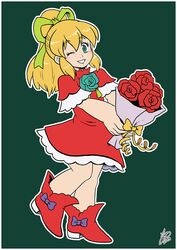  android blonde_hair blush bouquet commentary dress female flower full_body green_eyes hair_between_eyes hair_ribbon high_ponytail holding holding_bouquet ian_dimas long_hair looking_at_viewer mega_man_(classic) mega_man_(series) one_eye_closed ponytail red_dress red_footwear ribbon roll_(mega_man) sidelocks signature simple_background smile solo 