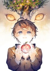  1boy :d ahoge animal apple aslan_(the_chronicles_of_narnia) asymmetrical_bangs blue_eyes brown_hair buttons close-up coat crying cut-in digory_kirke eye_focus food fruit lion messy_hair open_mouth parted_bangs short_hair smile tamaki_iori the_chronicles_of_narnia tree upper_body yellow_eyes 